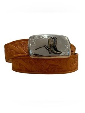 Genuine Leather Western Floral Embossed Belt with Cowboy Buckle